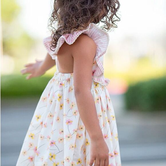 Girls Floral Indie Boheme Flutter sleeve Dress Pink Yellow flowers 3T/4T - Picture 5 of 6
